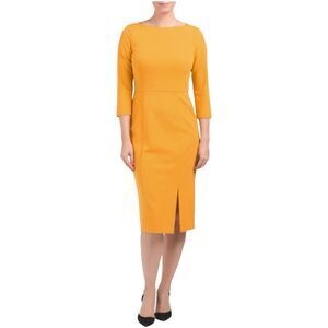 Donna Morgan Mustard Yellow Boat Neck Front Slit Midi Dress 2